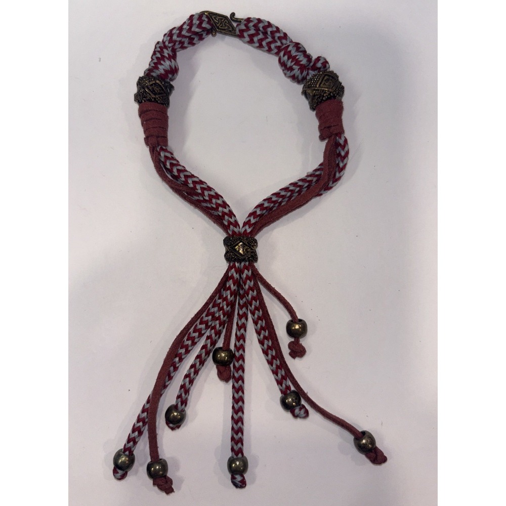 Vintage Boho Braided Bracelet Burgundy Gray Woven Cord Tassel Brass Beads